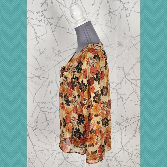 Zara Orange Floral Print Sheer Chiffon V-Neck Bell Sleeve Blouse - Picture 2 of 4